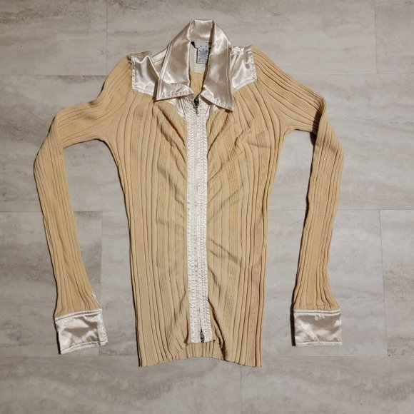 CAbi Tops - CAbi Tan Ribbed Zip Front Shirt Top Silk Knit Stretchy Satin Trim Size M